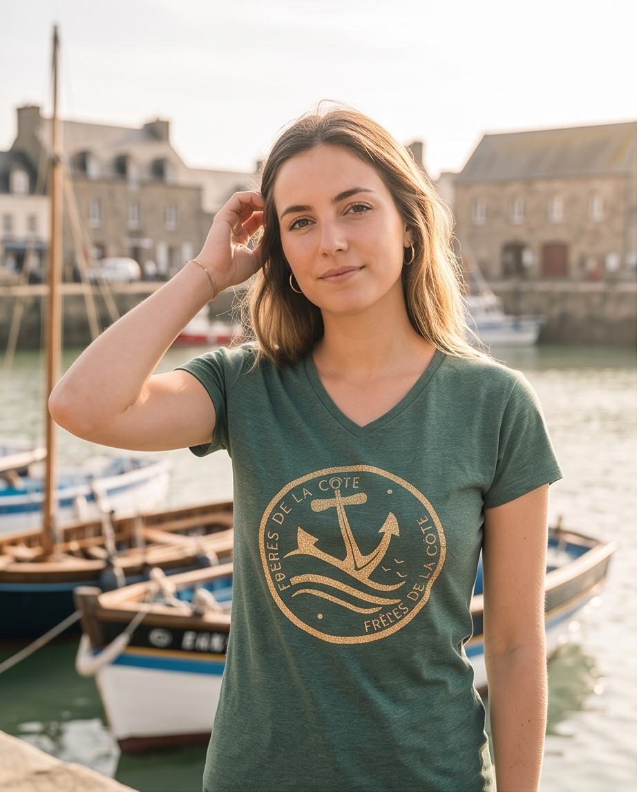 T.shirt Col V Woman ®Frères de la Côte ⭑BY MARINE du S au XXL • Vert Impression Or – Image 3