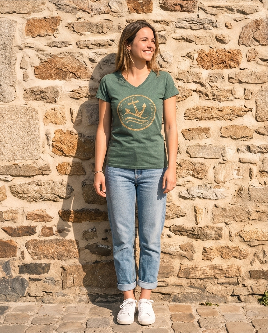 T.shirt Col V Woman ®Frères de la Côte ⭑BY MARINE du S au XXL • Vert Impression Or – Image 5