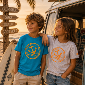 T.shirt Kids ®Frères de la Côte ⭑ BY MARINE • Bleu ou Gris logo Orange Fluo