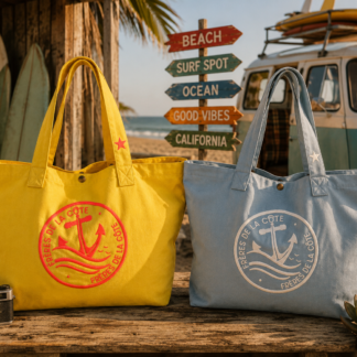 Sac shopping•®Frères de la Côte ⭑ by Marine  100% coton Délavé Jaune brodé Corail